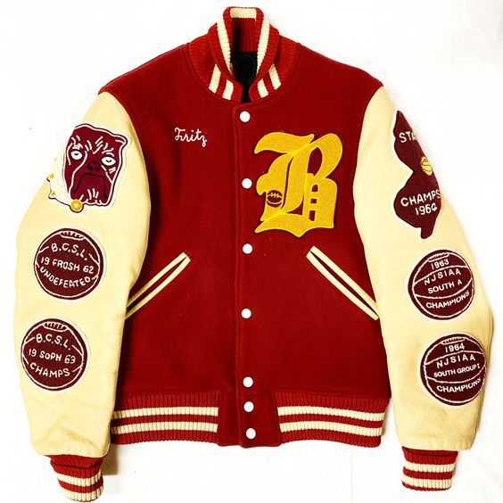 Red Cream Customized  Wool Body Leather Sleeves Chenille Embroidery Varsity Jacket