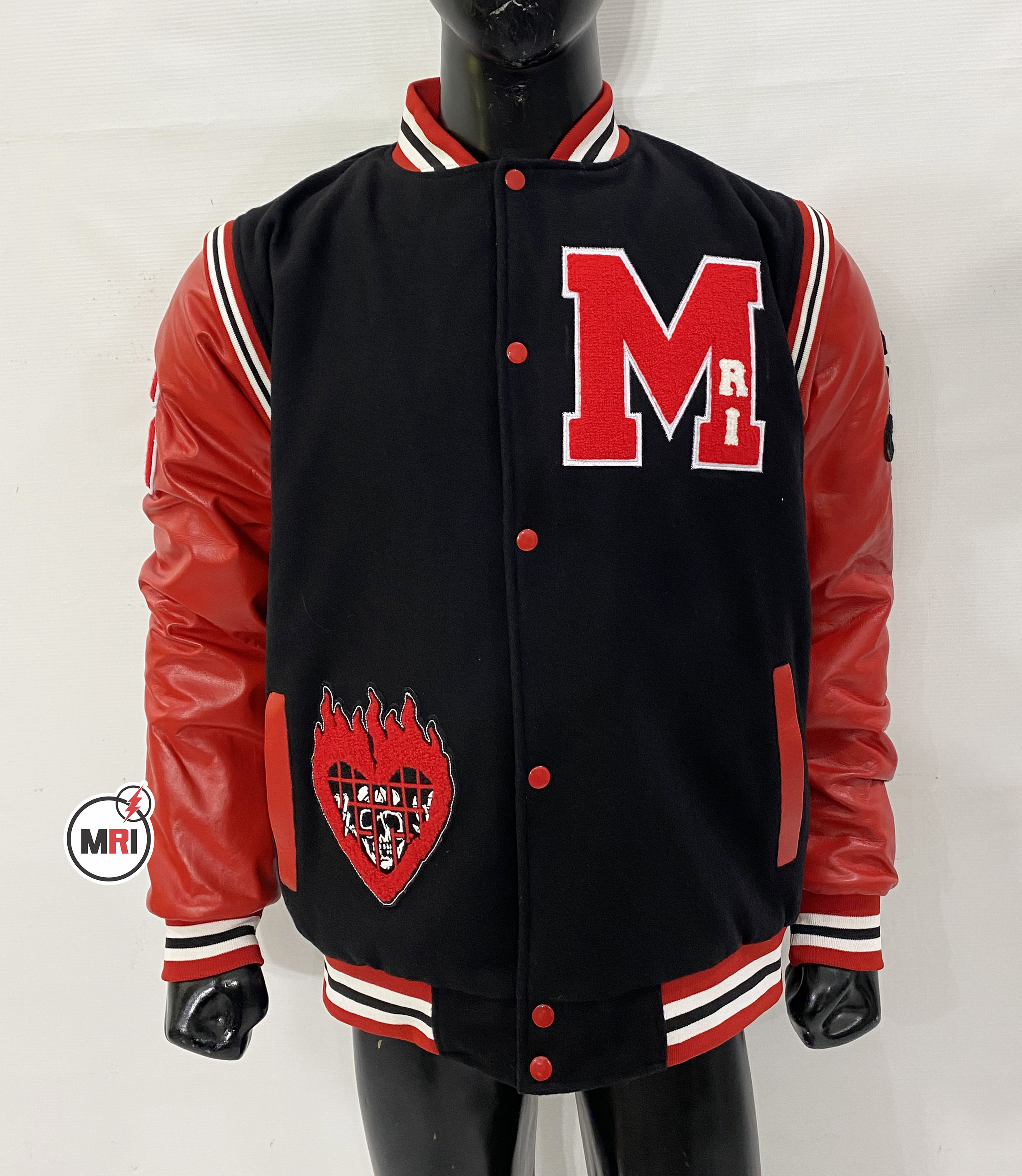 Black Red Varsity Jacket Wool Body Leather Sleeves  Embroidered Letterman