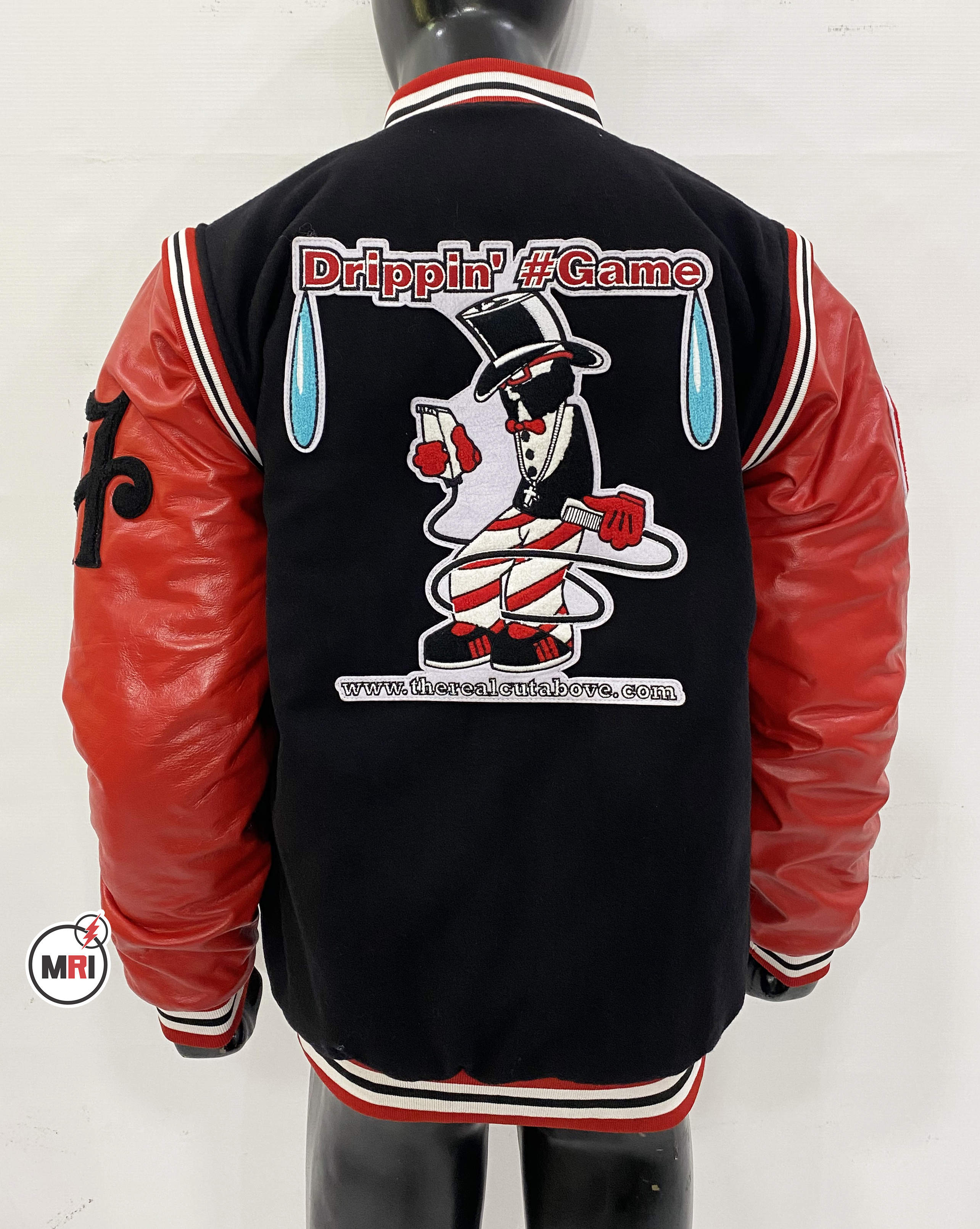 Black Red Varsity Jacket Wool Body Leather Sleeves  Embroidered Letterman