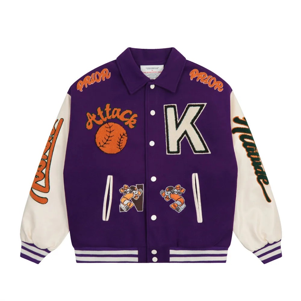 Purple White Customized Varsity Jacket Wool Body Leather Sleeves Chenille Embroidery