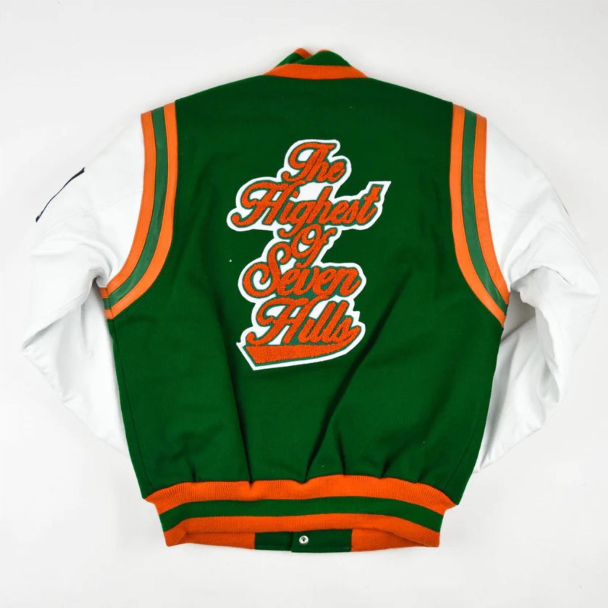 Green Orange Customized Varsity Jacket Wool Body Leather Sleeves Chenille Embroidery