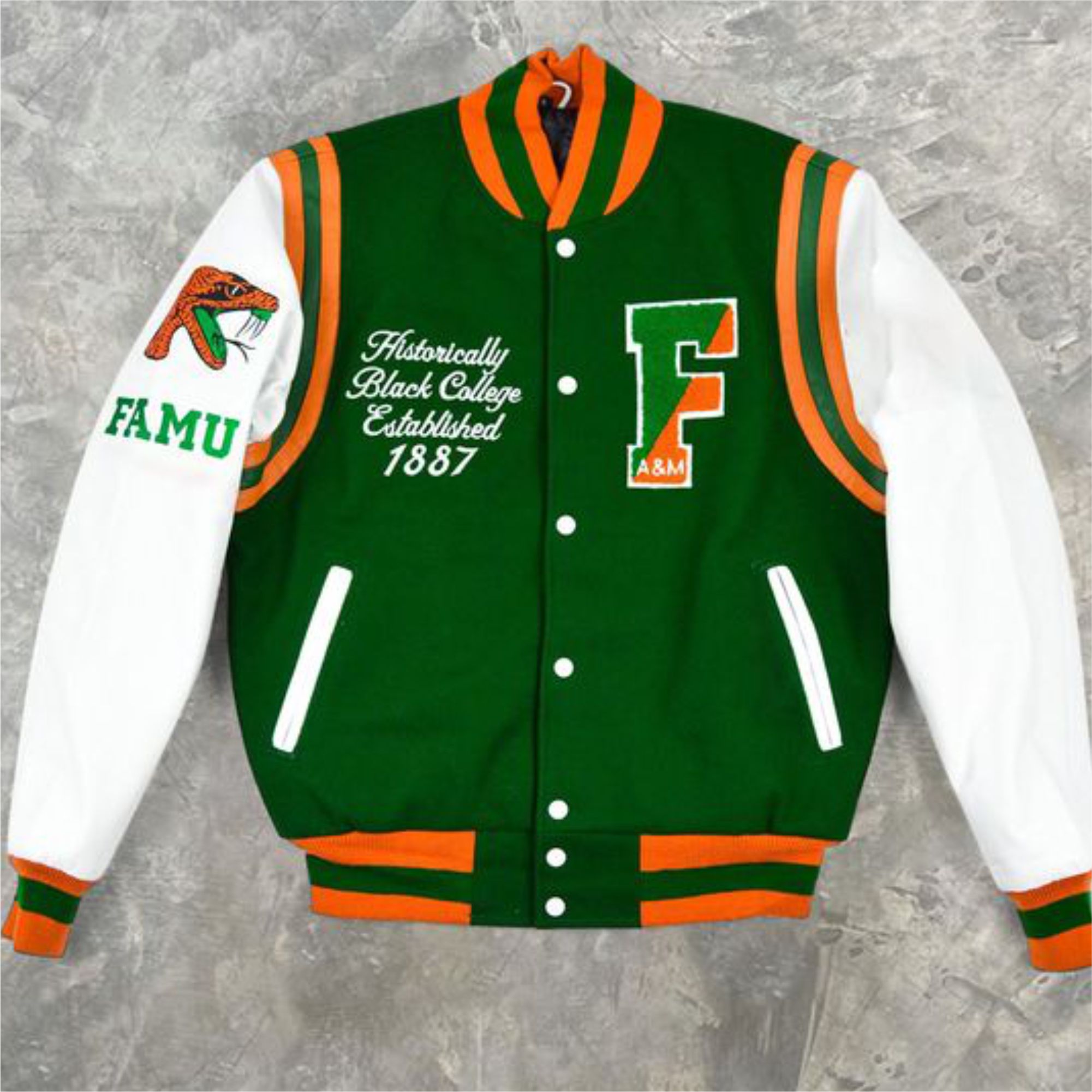 Green Orange Customized Varsity Jacket Wool Body Leather Sleeves Chenille Embroidery