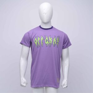 Premium Purple Crewneck Tee Featuring Neon Green Gothic Text And Y2K Tattoo-Style Back Graphics