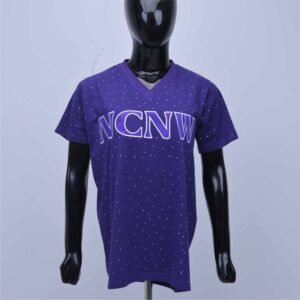 Customized v neck women t shirt with allover rhinestone and applique embroidery
