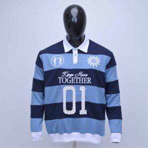 Premium Blue Block Striped Rugby Polo Featuring Distressed Applique Patchwork
