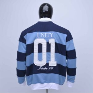 Premium Blue Block Striped Rugby Polo Featuring Distressed Applique Patchwork