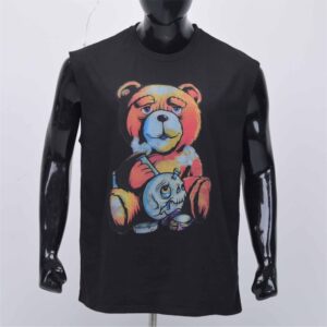 Men’s Sleeveless O-Neck Tank Top With Cartoon Bear And Skull Print Regular Fit Casual Jersey Cotton T-Shirt