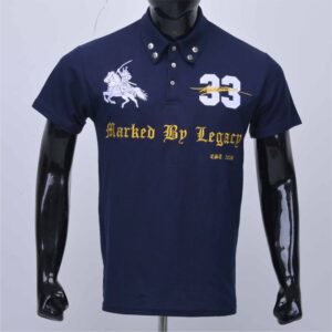 Men’s Navy Blue Short Sleeve Polo Shirt With Horse Rider Print And Number 33 Embroidered Front Preppy Style Equestrian T-Shirts