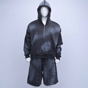 Heavyweight Charcoal Black Airbrush Wash Quarter-Zip Pullover and Distressed Shorts Co-ord