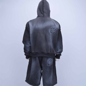 Heavyweight Charcoal Black Airbrush Wash Quarter-Zip Pullover and Distressed Shorts Co-ord