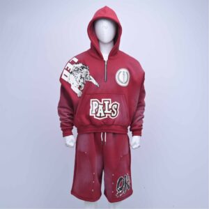 Luxury Crimson Red Sun-Faded Streetwear Set with Distressed Lion and Barbed-Wire Graphics
