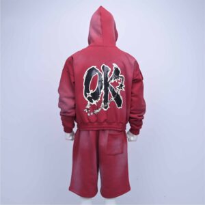 Luxury Crimson Red Sun-Faded Streetwear Set with Distressed Lion and Barbed-Wire Graphics