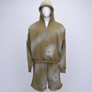 Minimalist Khaki Olive Fleece Quarter-Zip Hoodie & Matching Riveted Lounge Shorts