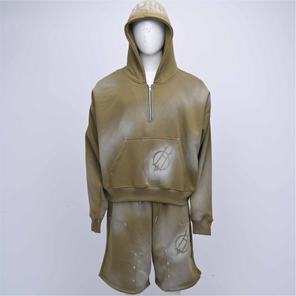 Minimalist Khaki Olive Fleece Quarter-Zip Hoodie & Matching Riveted Lounge Shorts