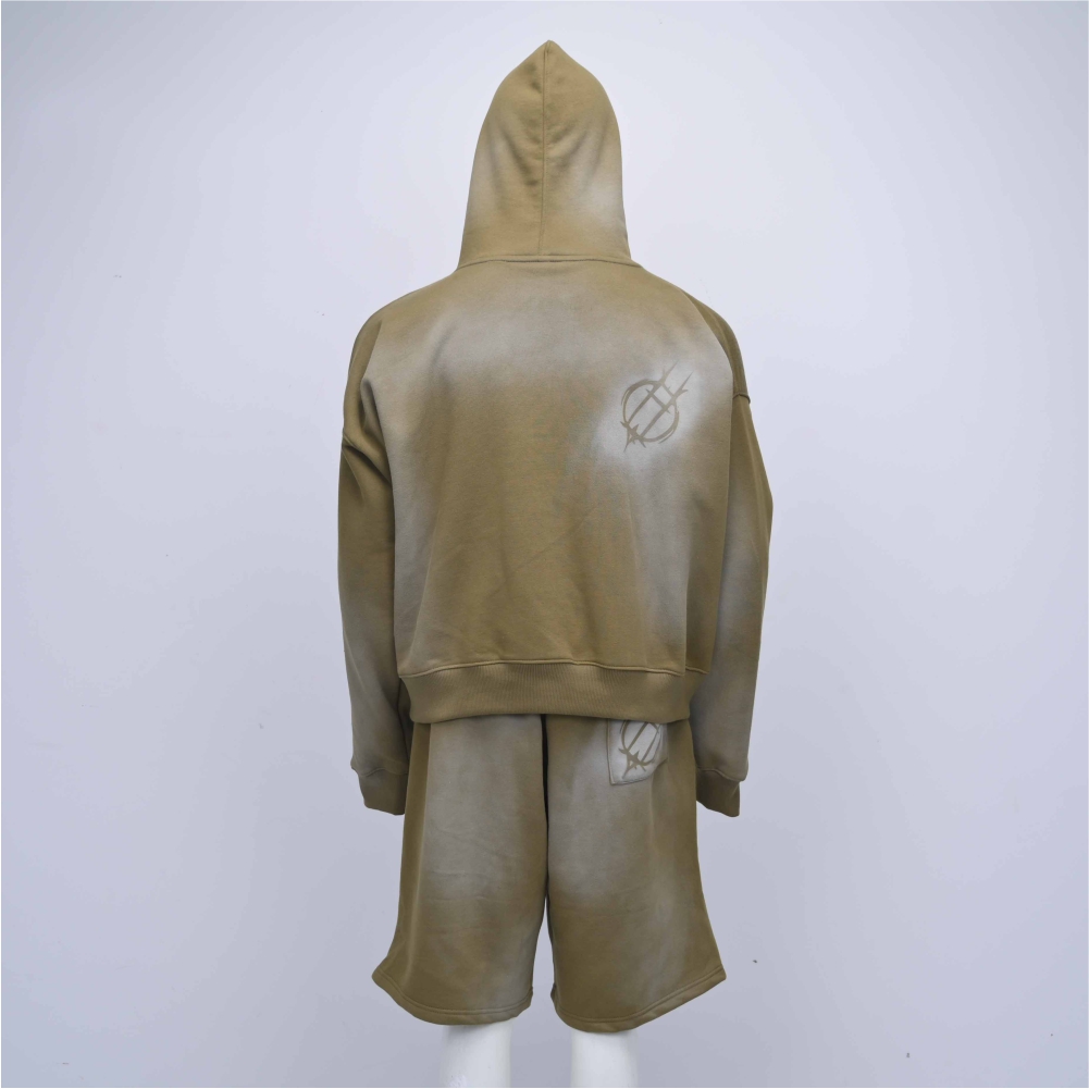 Minimalist Khaki Olive Fleece Quarter-Zip Hoodie & Matching Riveted Lounge Shorts - Image 2