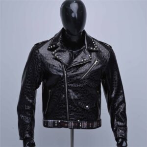 Premium Glossy Alligator Texture Punk Rock Leather Jacket With Gothic Applique Back