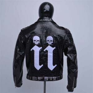Premium Glossy Alligator Texture Punk Rock Leather Jacket With Gothic Applique Back