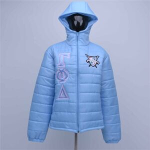 Custom Hooded Puffer Jacket With Greek Letter Embroidery