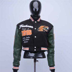 Custom Cropped Wool Varsity Jacket With Leather Sleeves