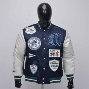 Custom Navy Varsity Jacket With Chenille Patches And Leather Sleeves
