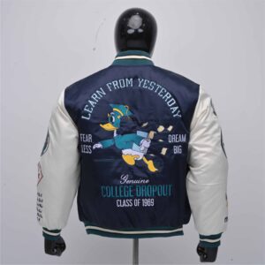 Custom Navy Varsity Jacket With Chenille Patches And Leather Sleeves