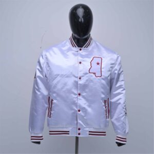 Premium White Satin Varsity Jacket With Custom Embroidery And Snap Button Closure
