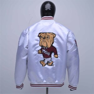 Premium White Satin Varsity Jacket With Custom Embroidery And Snap Button Closure