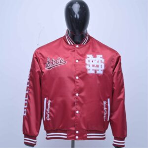 Custom Red Satin Varsity Jacket With Embroidered Logos