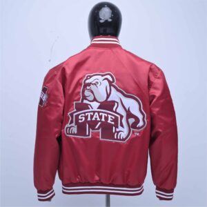 Custom Red Satin Varsity Jacket With Embroidered Logos